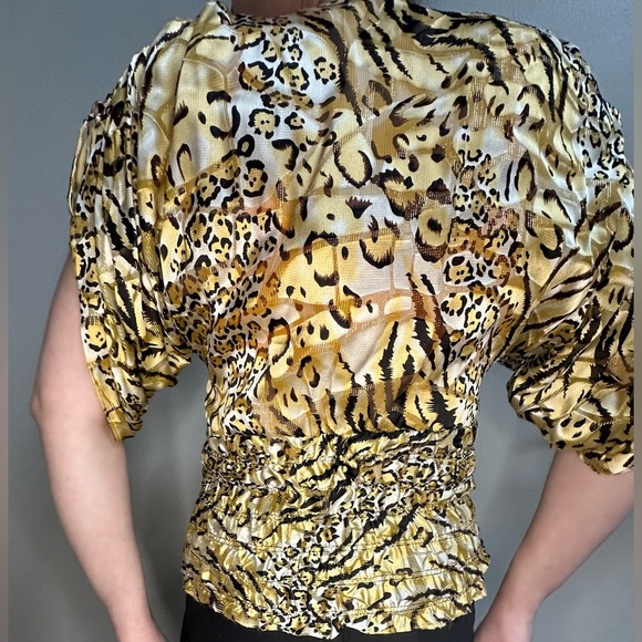 Vintage 1980s Cachè Gold Cheetah Print Silk Dolman Blouse Cinched Waist Women S - Picture 5 of 11